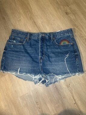 Old Navy High Rise O.G. Denim Shorts Size 16 Rainbow Embroidered Cutoff